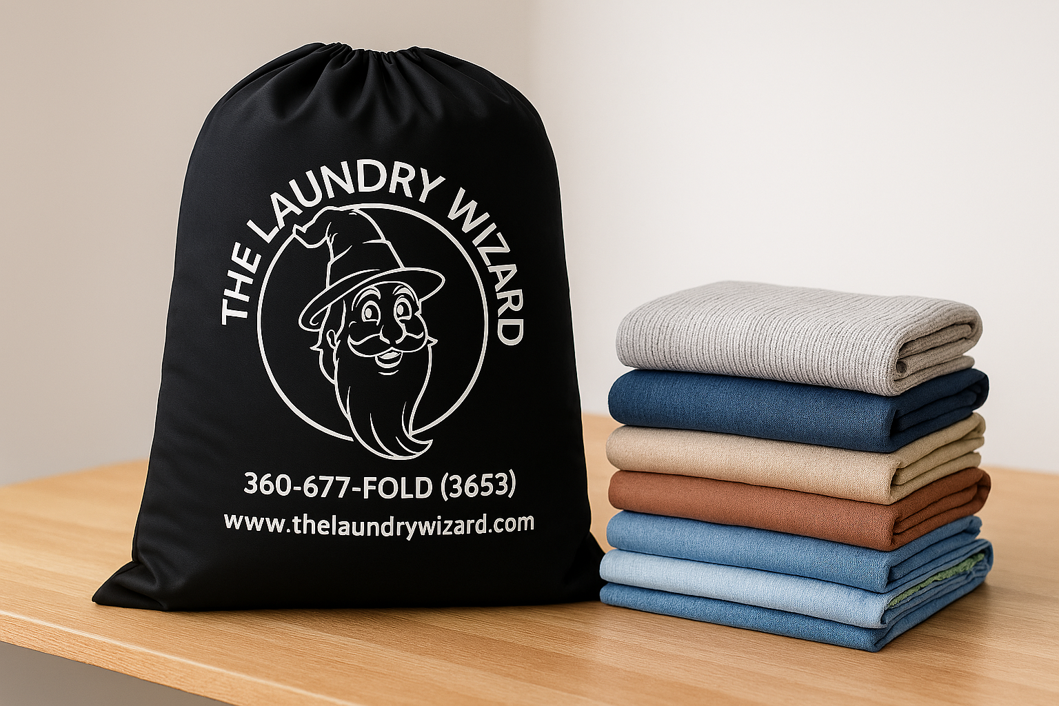 Laundry Wizard Bag And Stack Of Laundry
